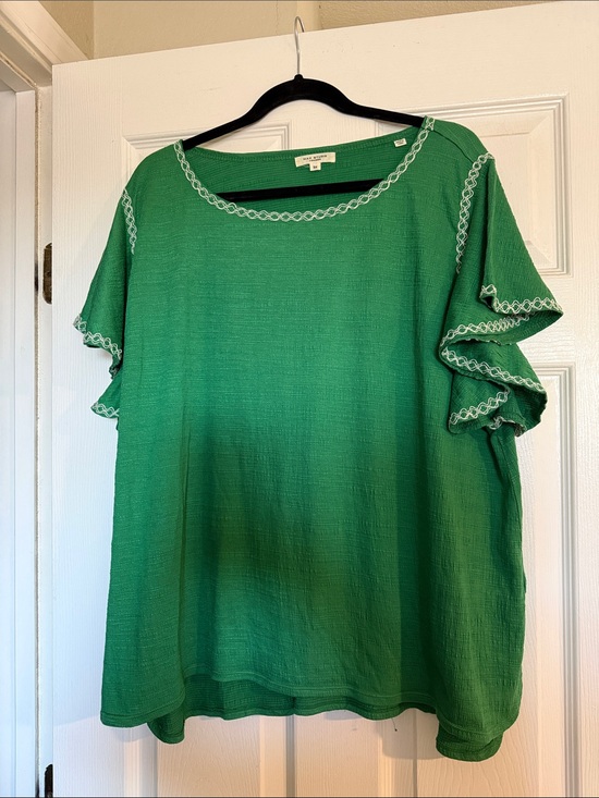 Max Studio Tops - Max Studio Green Ruffle Sleeve Blouse with White Crochet Trim